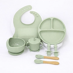 8 Pcs Baby Feeding Set, Food-Grade Silicone Baby Tableware Set. Suction Cups, Forks Spoons, Bibs, Bowl, Straws, Cups Mother and Baby Supplies